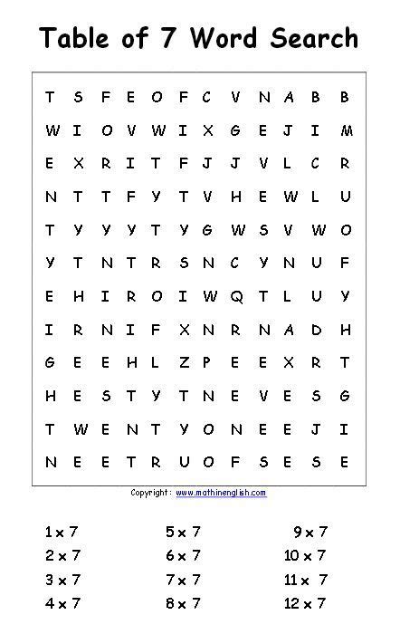 Multiplication Chart Word Search