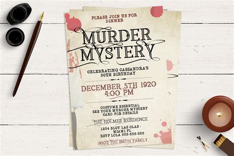 A vintage-style invitation with a magnifying glass and crime scene tape