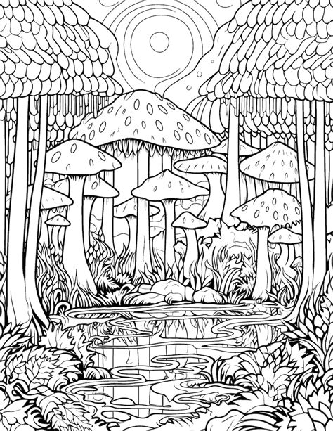 Mushroom forest coloring page with intricate details