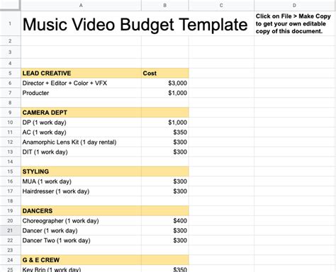 Music Video Budget Template