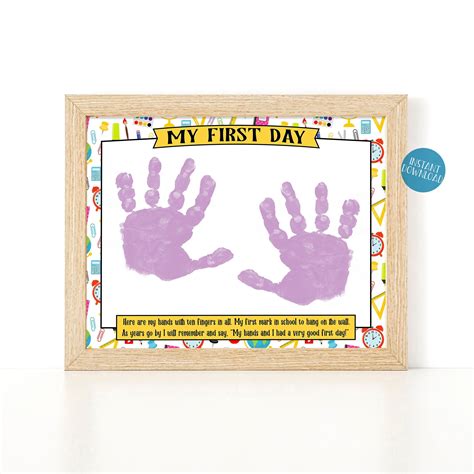 A handprint art template with a bright sun and bold letters reading 'My First Day'