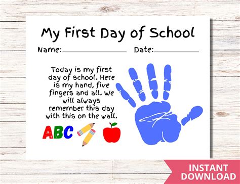 A handprint art template featuring bold letters reading 'My First Day of School'