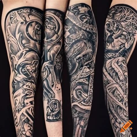 Mythological arm sleeve tattoos with dragons and phoenixes