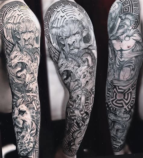 Mythological creature arm sleeve tattoos