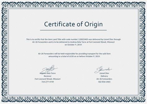 Document showing certificate of origin for goods