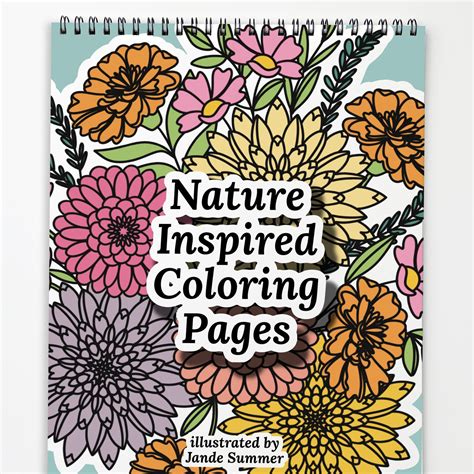 Nature-inspired coloring page with trees, flowers, and animals