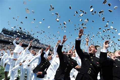 A photo of the United States Naval Academy graduation ceremony