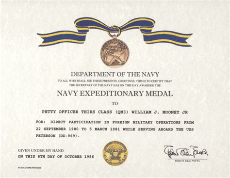 Naval Expeditionary Medal Certificate