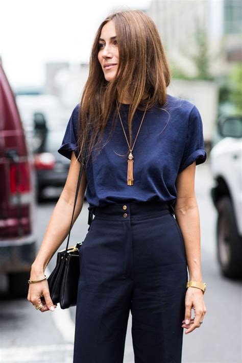 Navy blue blouse with black trousers