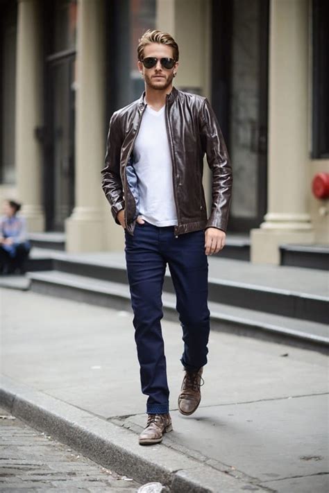 Navy blue tee with leather jacket