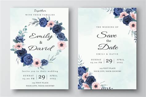 Navy Blue Wedding Invitation with White Florals