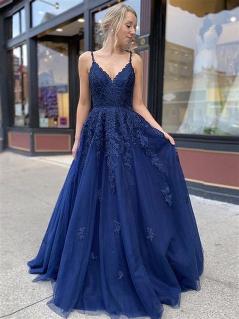 Navy prom dress with an A-line design