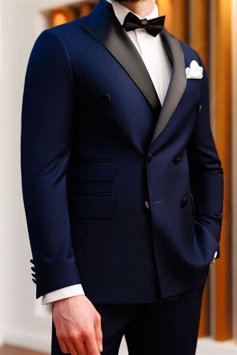 Description of navy suit for social gatherings