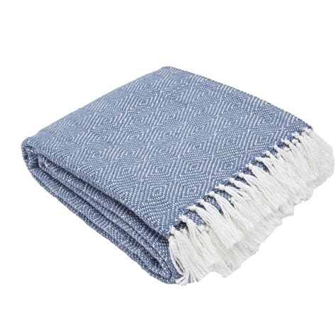 Navy throw blanket with a natural fiber rug