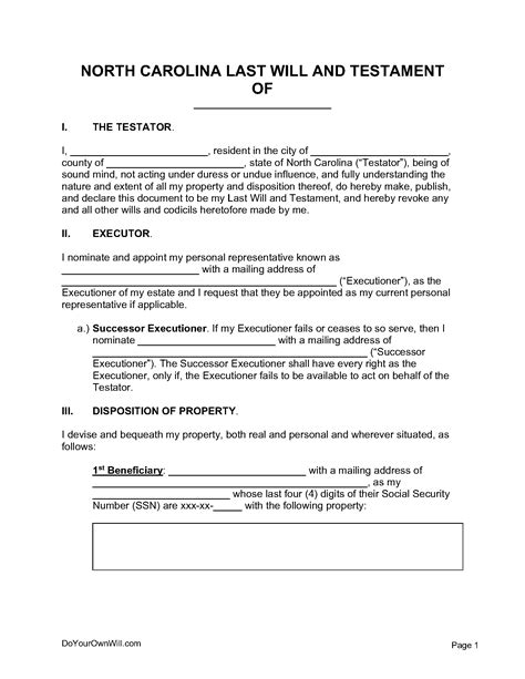 NC Last Will Form with Testamentary Trust