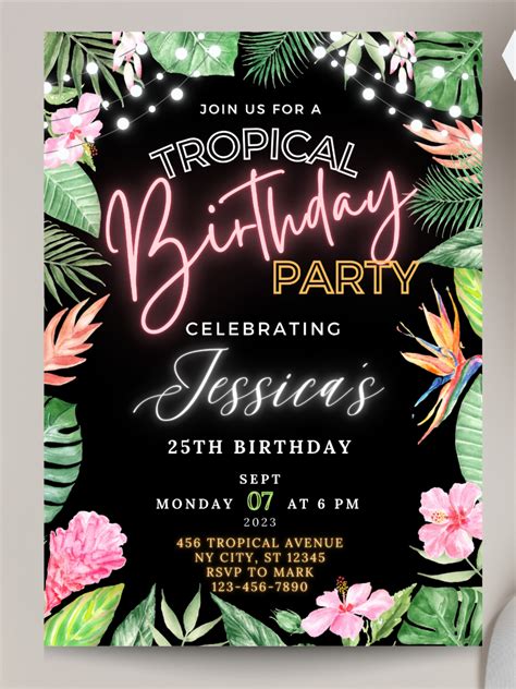 Neon tropical party invitations