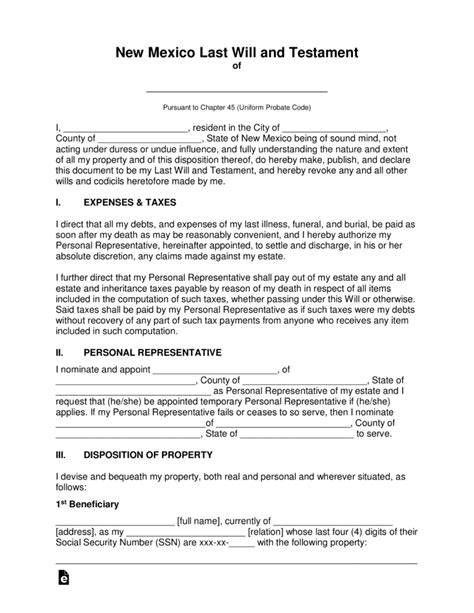 New Mexico Last Will Template Form