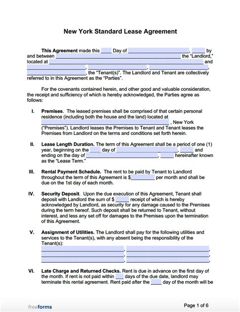 Sample of a Free Lease Template in New York