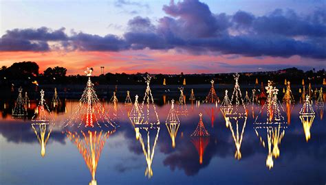 Newport Beach Christmas lights reflecting on the water