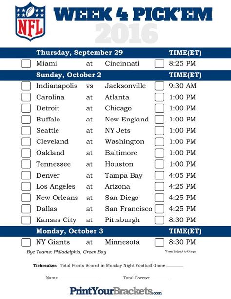 NFL Pick 'em Printable with Game Lines