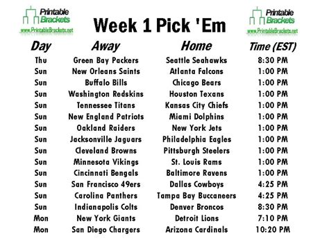 NFL Pick'em Week 1 Straight Template