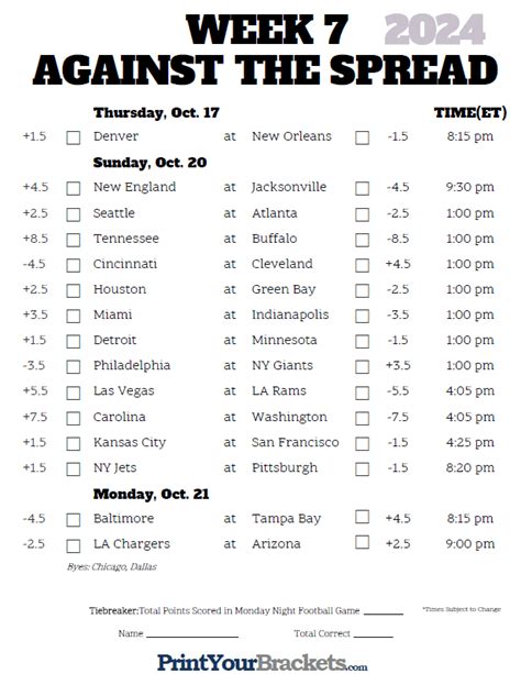 Printable NFL Pick'em Sheet for Week 11