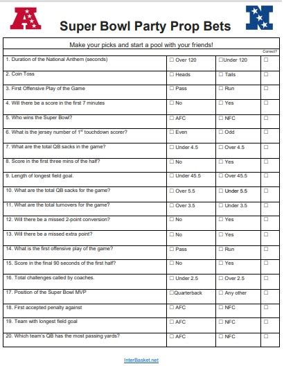 NFL Point Spreads Printable Prop Bets