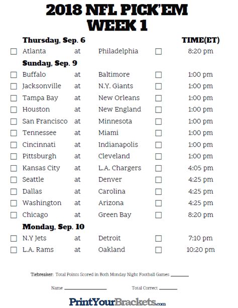 NFL printable schedule Week 1