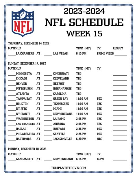 NFL Printable Schedule Week 15