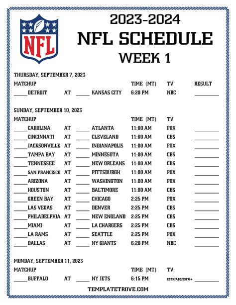 NFL Schedule Grid Template