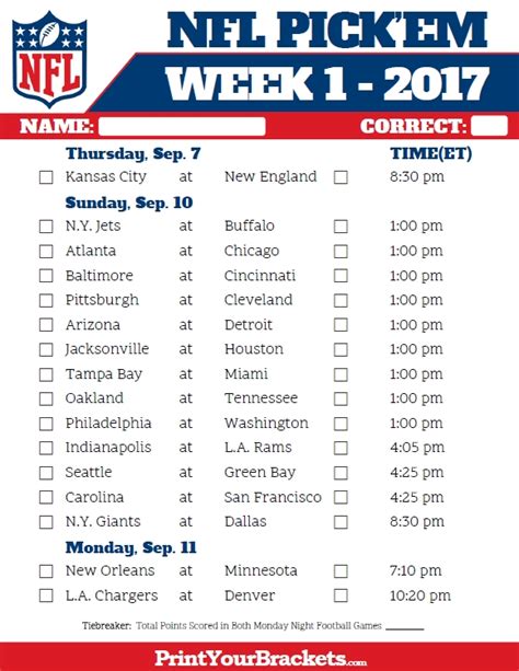 NFL schedule printable Week 1