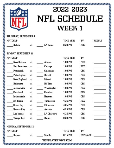 Example NFL Schedule Template