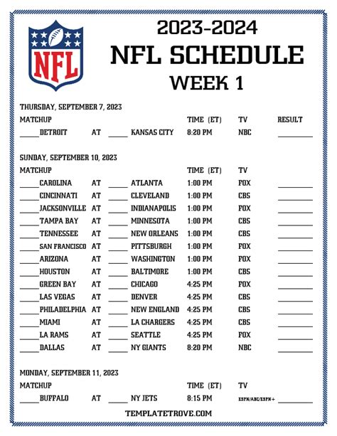 NFL Schedule Template Word