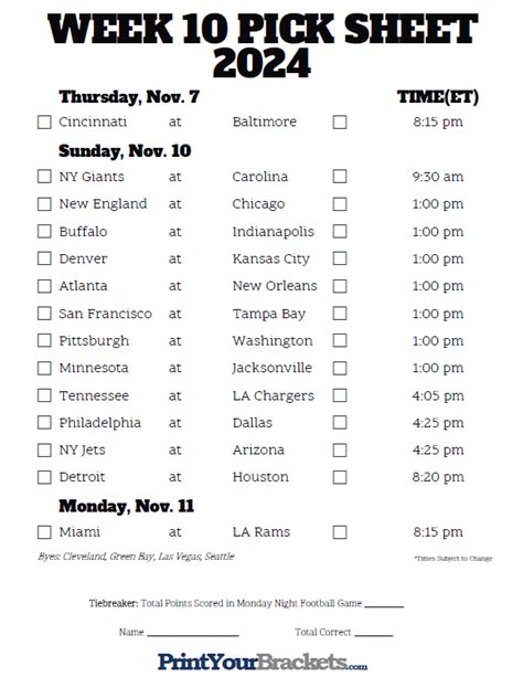 NFL Week 10 Schedule Printable