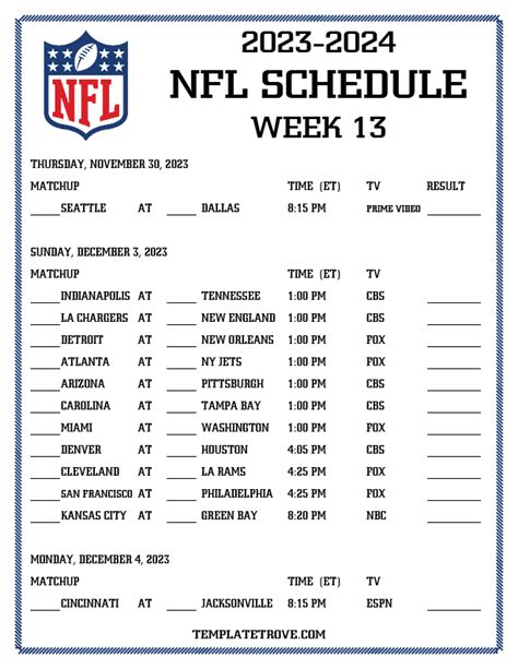 NFL Week 13 Schedule to Print