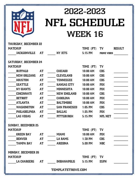 NFL Week 16 Schedule Printable Guide