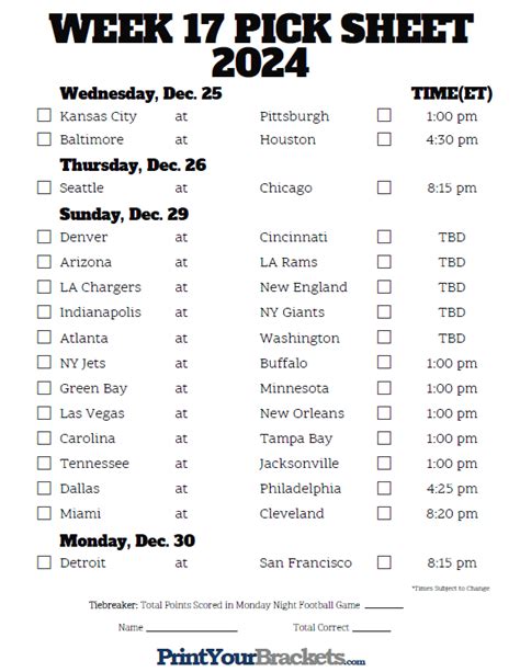 NFL Week 17 Schedule Printable