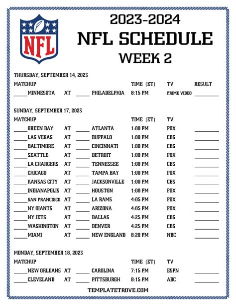 NFL Week 2 Schedule to Print