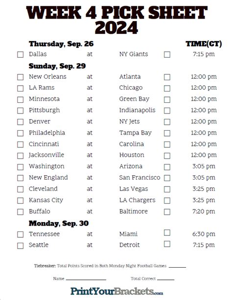 NFL Week 4 Schedule Printable