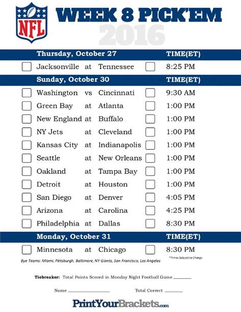 NFL Week 8 Schedule to Print