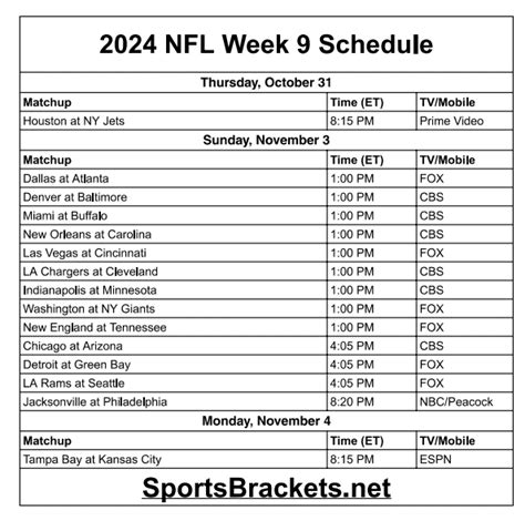 NFL Week 9 Schedule Printable PDF