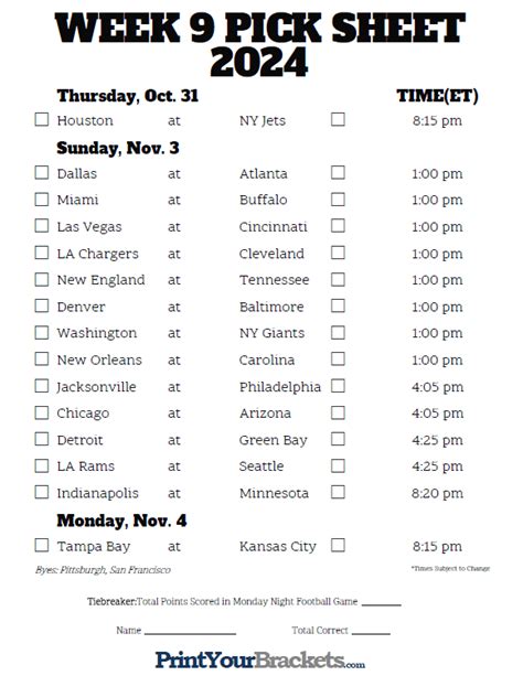 NFL Week 9 Schedule Printable Spreadsheet