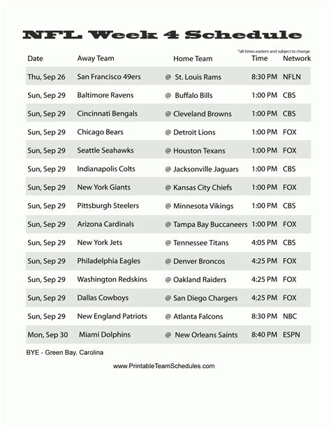 NFL Weekly Schedule PDF Template