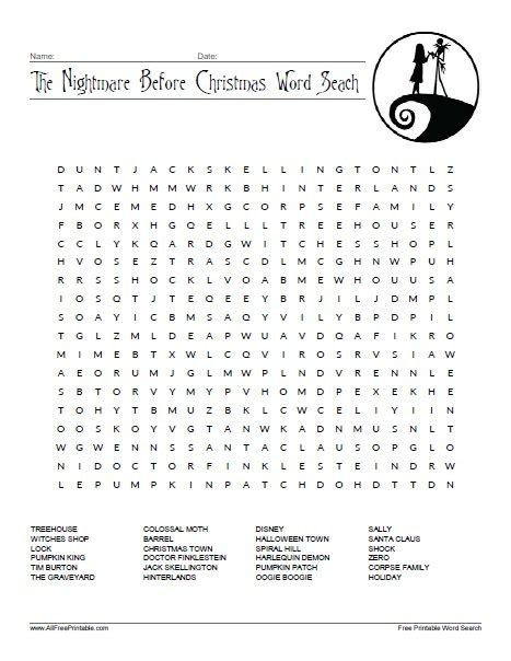 Nightmare Before Christmas Printable Word Search