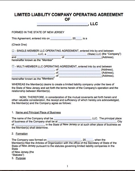 NJ Operating Agreement Template Word