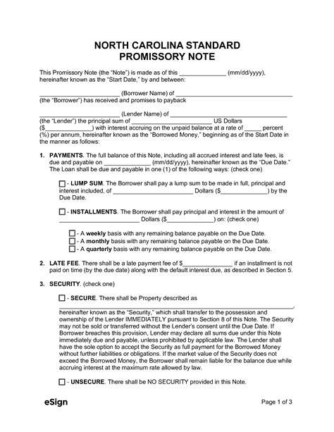 North Carolina Promissory Note Template Sample 1