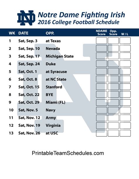 Notre Dame Football Printable Schedule