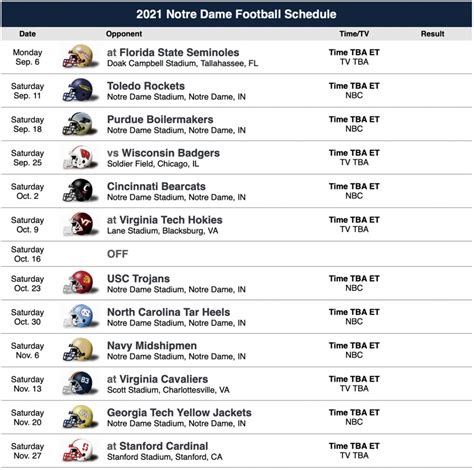 Notre Dame Football Printable Schedule