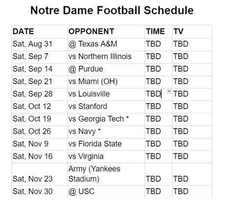 Notre Dame Football Schedule Printable