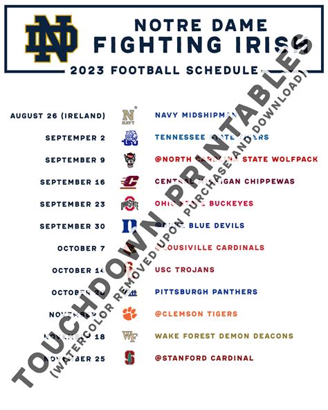 Notre Dame Football Schedule Printable PDF